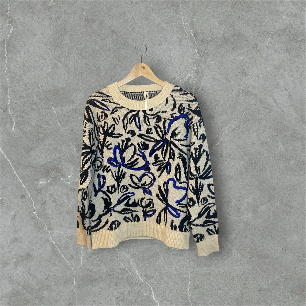 Anthropologie Floral Patterned Sweater - Cream and Black with Blue Embroidery
